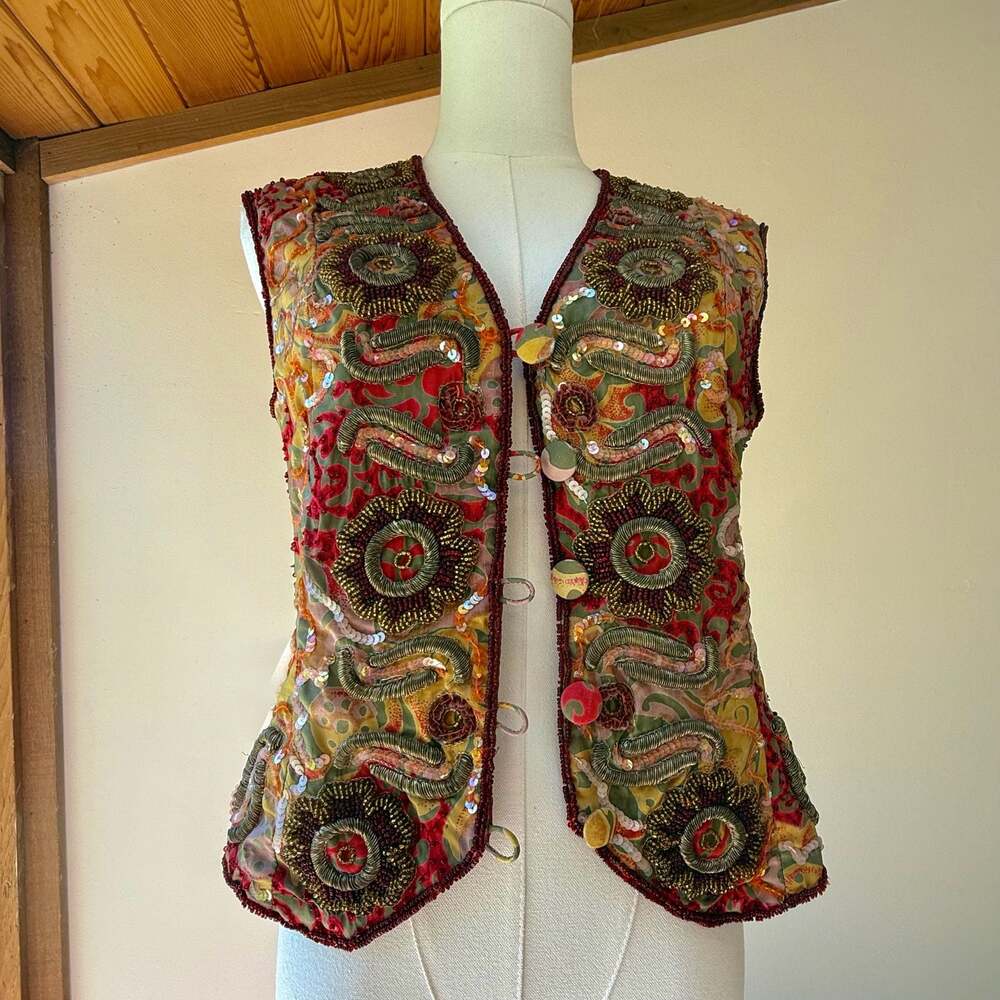 Vintage 100% Silk Fully Beaded Sequin Floral Vest